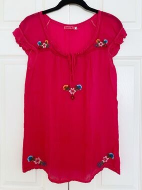 Johnny Was Red Pink Short Sleeve Embroidered Floral Tunic Top Size Small